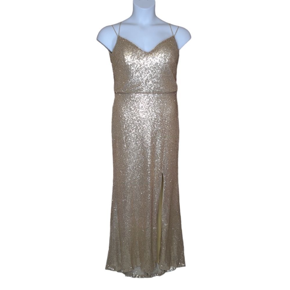 CHRISTINA WU gold matte sequin celebration style cowl back gown dress 10‎